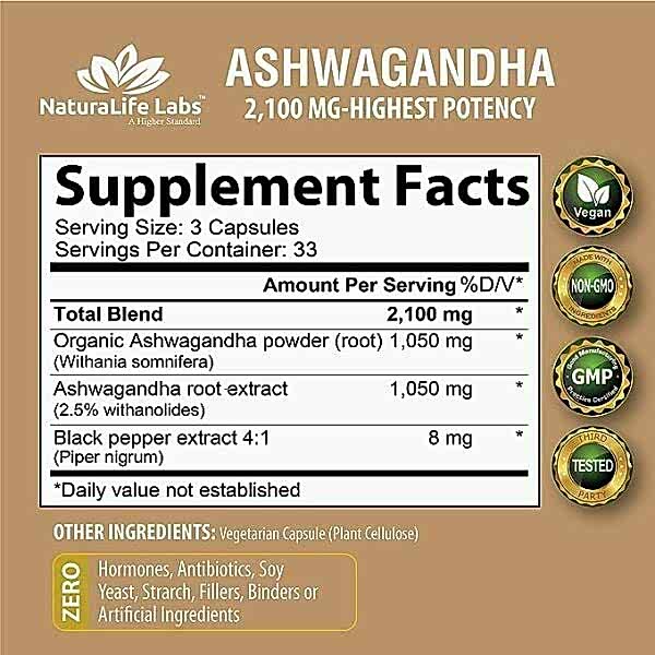NaturaLife Labs Organic Ashwagandha 2,100 mg-100 Vegan Capsules